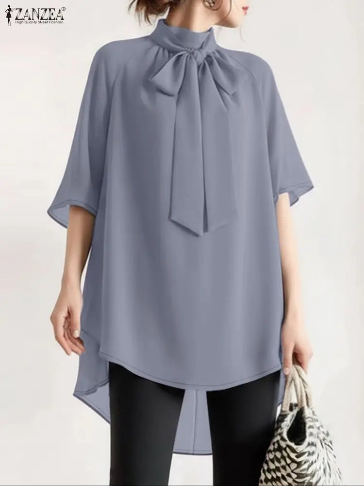 ZANZEA Fashion Women's High-Low Blouses Elegant Bow Tie Neck Half Sleeve Solid Color Designer Long Blouse Korean Woman Clothes