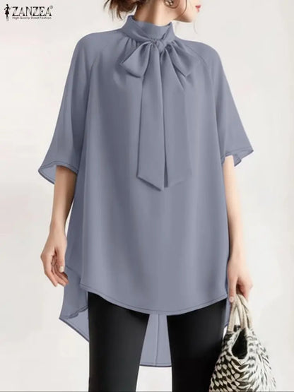 ZANZEA Fashion Women's High-Low Blouses Elegant Bow Tie Neck Half Sleeve Solid Color Designer Long Blouse Korean Woman Clothes