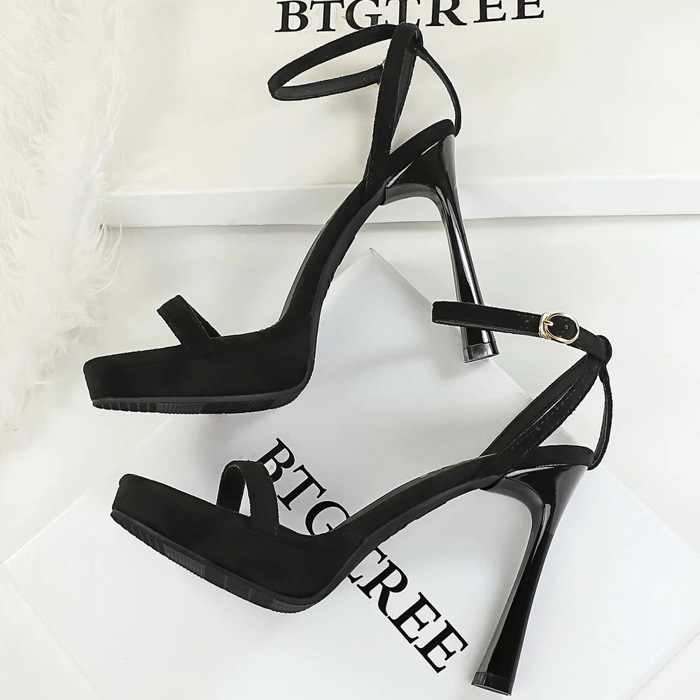 BIGTREE Shoes Suede High-heeled Sandals Open Toe Sexy Ultra-high Heels Stiletto 11.5 CM Buckle Summer Shoes Women Pumps Platform