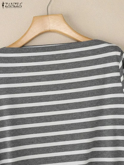 ZANZEA Fall 2025 Women's Striped T-Shirts Loose Boatneck 3/4 Sleeve Side Slit Tees Woman Everyday Casual Wear Streetwear S-3XL