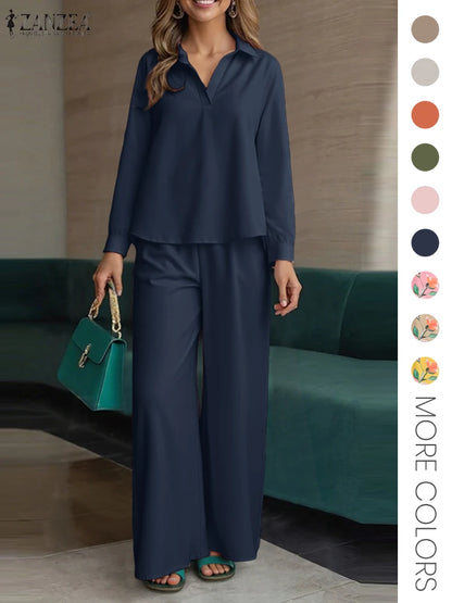 ZANZEA 2025 Autumn Outfits Women Stylish Printed Matching Sets Casual Long Sleeve Tops Wide Leg Pant Sets Fashion Work Tracksuit