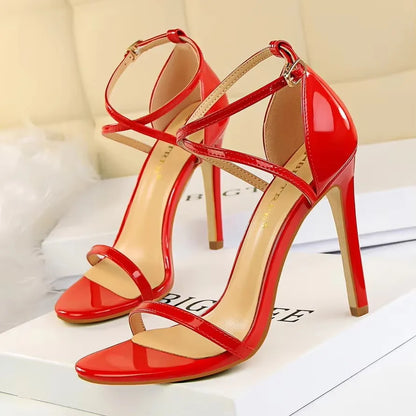 BIGTREE Shoes Pumps Open Toe High Heels Patent Leather Women Heels Stiletto 11 Cm 7.5cm Summer Heels Sandals Women Party Shoes