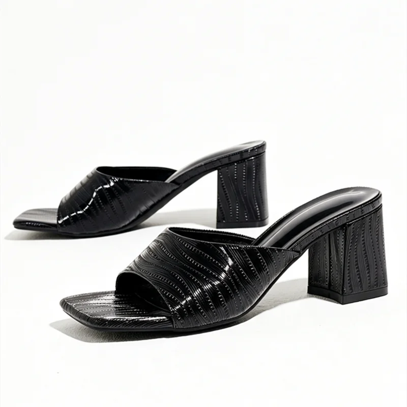 Novelty Striped Detail Mules Sandals Women Fashion Chunky Heel Slippers for Ladies Elegant Women Shoes Summer Slide Sandals