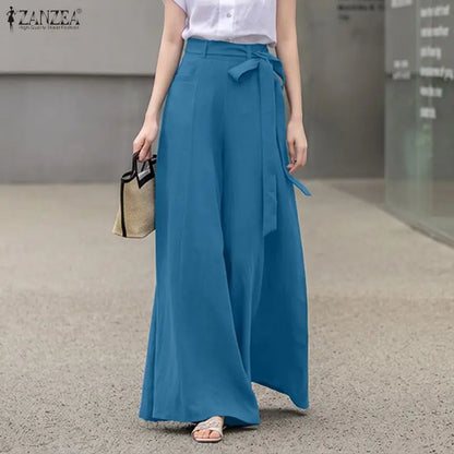 Women Plus Size 5XL Wide Leg Pants High Waist Belted Loose Flowy Trousers ZANZEA Autumn Office Work Solid Casual Palazzo Pants