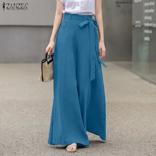 Women Plus Size 5XL Wide Leg Pants High Waist Belted Loose Flowy Trousers ZANZEA Autumn Office Work Solid Casual Palazzo Pants