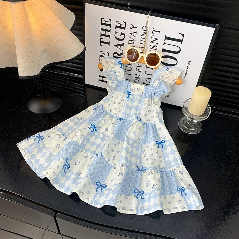 2026 Summer Girls Flutter Sleeve Dress Kids Printed Tiered Princess Dresses for 1-12Y Children Vacation Clothes