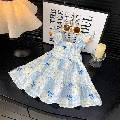 2026 Summer Girls Flutter Sleeve Dress Kids Printed Tiered Princess Dresses for 1-12Y Children Vacation Clothes