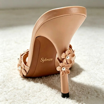 Elegant Flower Pearl Detail Heeled Mule Sandals Women Fashion Square-Toe Open-Toe Slide Sandals Wedding Brides Designer Shoes