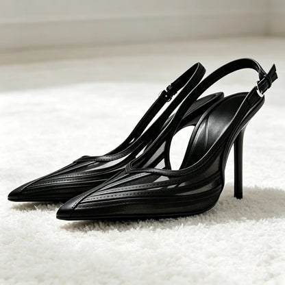 Elegant Pointed Toe Slingback High Heels Women Sexy Mesh Stitching Detail Heeled Sandals for Ladies Summer Luxury Designer Pumps
