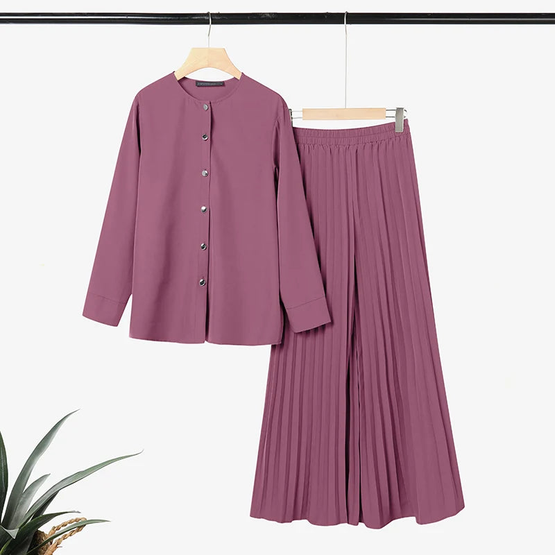ZANZEA Women Muslim 2 Pieces Sets Casual O Neck Long Sleeve Buttons Up Blouse Wide Leg Pleated Pants Sets Ramadan Hijab Outfits