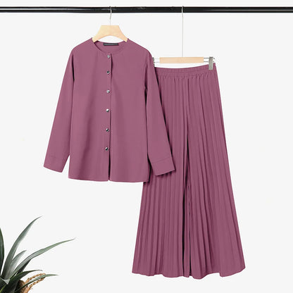 ZANZEA Women Muslim 2 Pieces Sets Casual O Neck Long Sleeve Buttons Up Blouse Wide Leg Pleated Pants Sets Ramadan Hijab Outfits