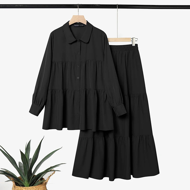 Plus Size Women Dress Sets Modest Muslim Long Sleeve Blouse Maxi Skirt ZANZEA Buttons Up Shirt Sundress Suit 2PCS Ramadan Outfit