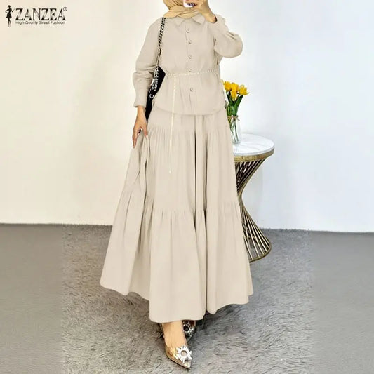 ZANZEA Modest Hijabis Womens Skirt Suits Long Sleeve Shirt & Tiered Long Skirt 2 Pieces Sets Muslim Islamic Daily Casual Outfits