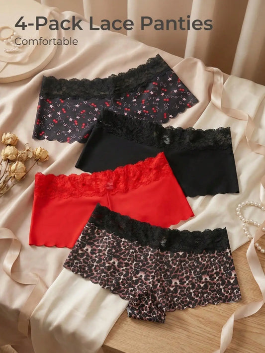 4PCS Women Lace Waist Boxer Panties, Mixed Print & Solid Color Scalloped Edge Briefs, Smooth Silky Fabric Daily Basic Ladies Und