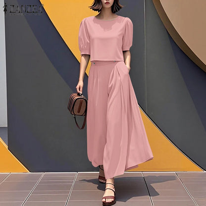2026 ZANZEA Elegant Women Short Puff Sleeve Cropped Blouse Wide Leg Pant Sets Fashion Summer 2 Piece Sets Solid OL Work Outfits