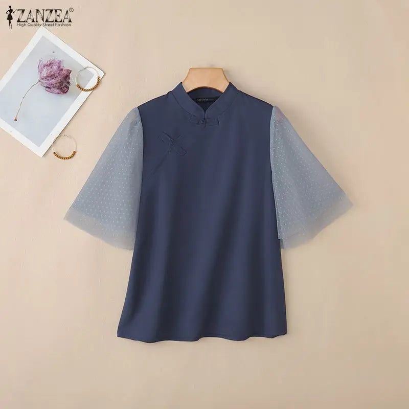 ZANZEA Woman Elegant Blouses Vintage Mandarin Collar Polka Dot Mesh Patchwork Half Sleeve Tops Summer Casual Blusas de Mujer