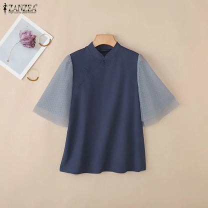 ZANZEA Woman Elegant Blouses Vintage Mandarin Collar Polka Dot Mesh Patchwork Half Sleeve Tops Summer Casual Blusas de Mujer