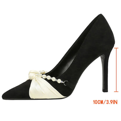 Luxury Women Pumps Pearl Chain Bowknot High Heels Suede Ladies Shoes Stiletto Heels 10 Cm Sexy Party Shoes Lady Banquet Shoes