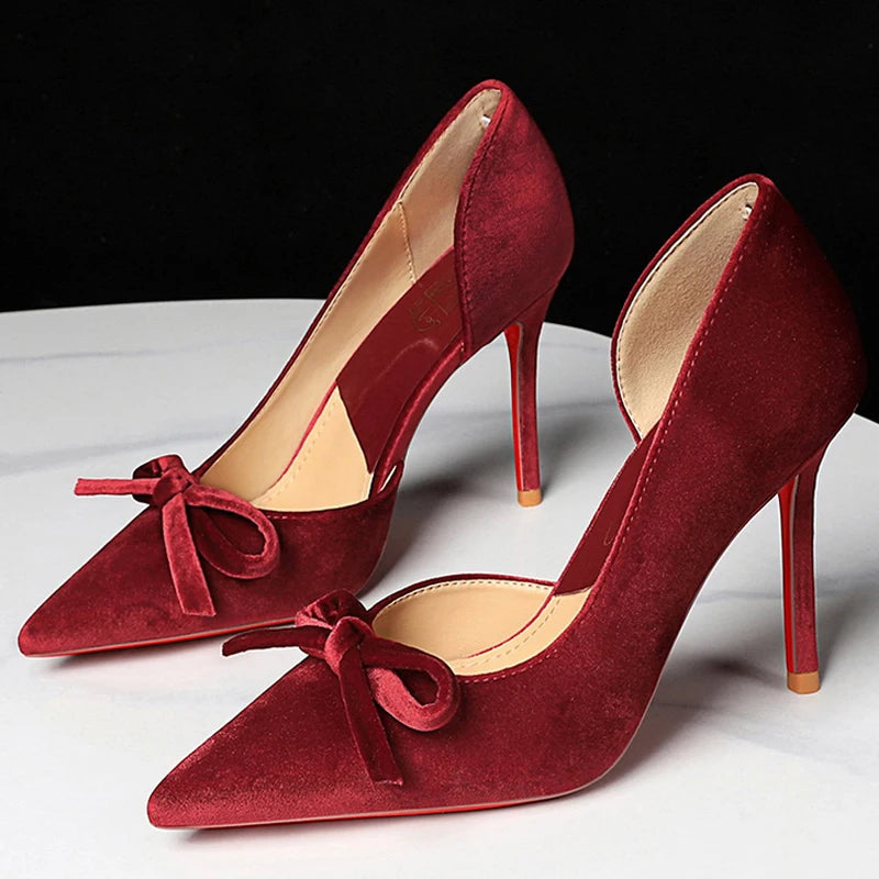 Luxury Women Pumps Bowknot High Heels Women 7.5 cm 10 cm Stiletto Sexy party shoes Velvet Ladies shoes Women Wedding shoes 2026