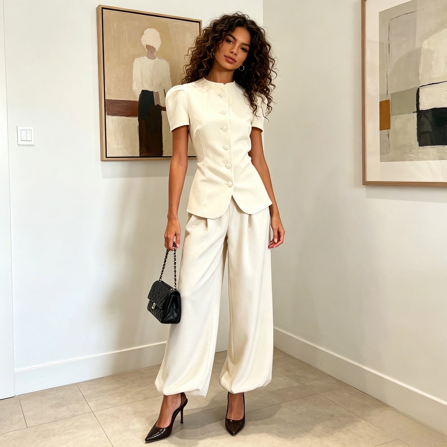 Women Pant Set Two Piece Sets Round Neck Short Sleeve Coats Tops Wide Leg Long Pants High Waist Y2k Streetwear Elegant 2026