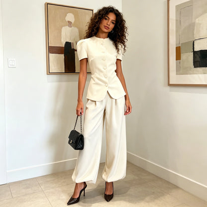 Women Pant Set Two Piece Sets Round Neck Short Sleeve Coats Tops Wide Leg Long Pants High Waist Y2k Streetwear Elegant 2026