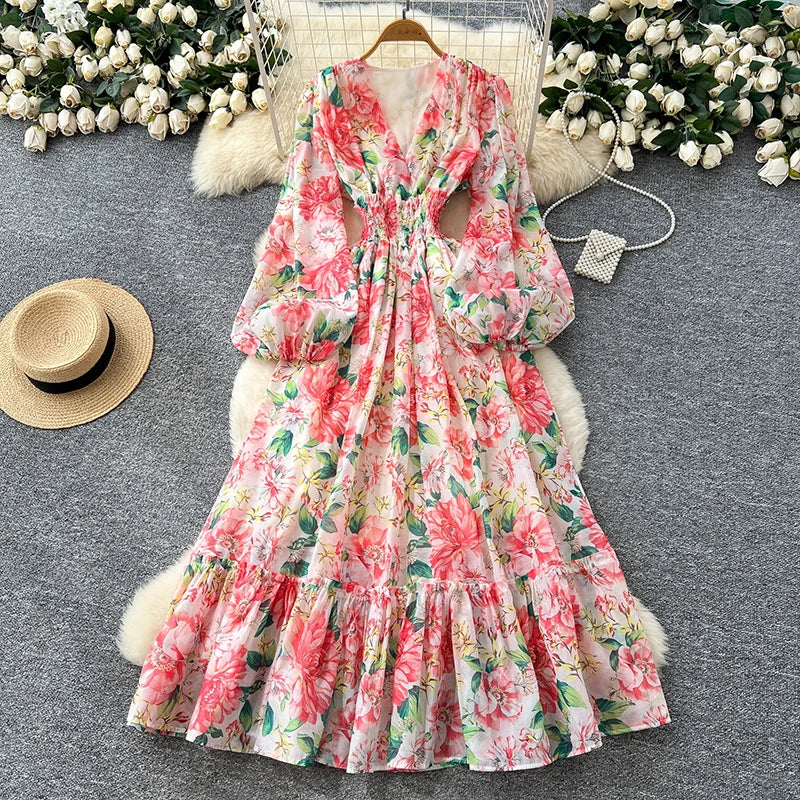 Spring Autumn French V-neck Lantern Sleeve Chiffon Dress Women Fashionable Elegant Elastic Waist Lotus Leaf Edge Length Dress L8