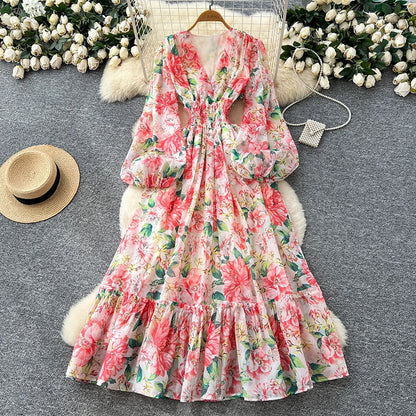 Spring Autumn French V-neck Lantern Sleeve Chiffon Dress Women Fashionable Elegant Elastic Waist Lotus Leaf Edge Length Dress L8