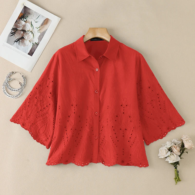 ZANZEA Women Openwork Embroidered Shirts Casual Turn-Down Collar 3/4 Sleeve Button Up Tops Summer Daily Streetwear Camisas Mujer