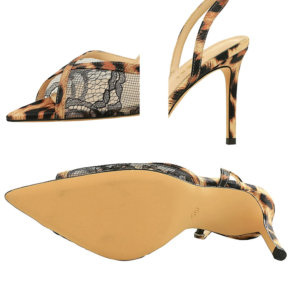 BIGTREE Shoes Lace Net High-heeled Sandals Women Shoes Summer Leopard Print Women Pumps Sexy Party Shoes Stiletto Heels 9 cm