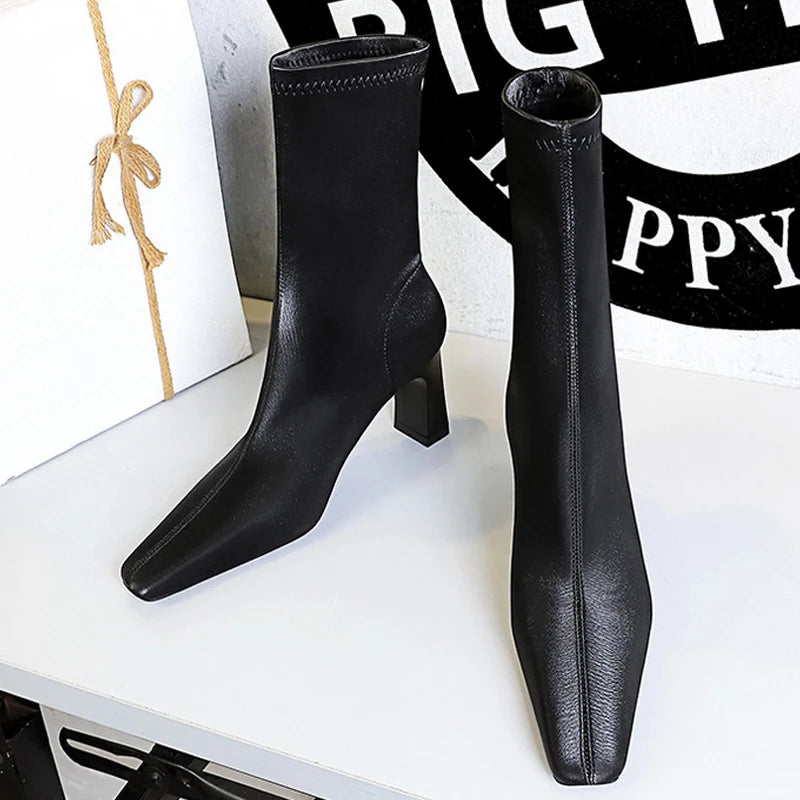 BIGTREE Shoes Autumn Winter Short Boots Square Head Leather Boots Women Shoes Thick Heel Skinny Boots Fashion High-heeled Boots