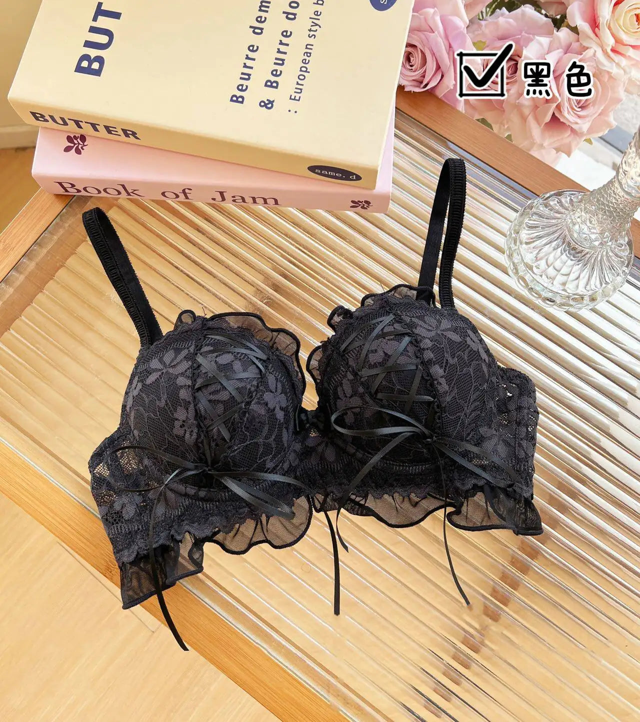 YUQI Japanese Style Lace Lingerie Set, Wireless Push Up Bra for Small Breasts, Anti-Sagging Lolita Bralette, Sheer Comfort Wear