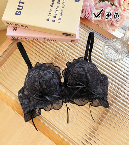 YUQI Japanese Style Lace Lingerie Set, Wireless Push Up Bra for Small Breasts, Anti-Sagging Lolita Bralette, Sheer Comfort Wear
