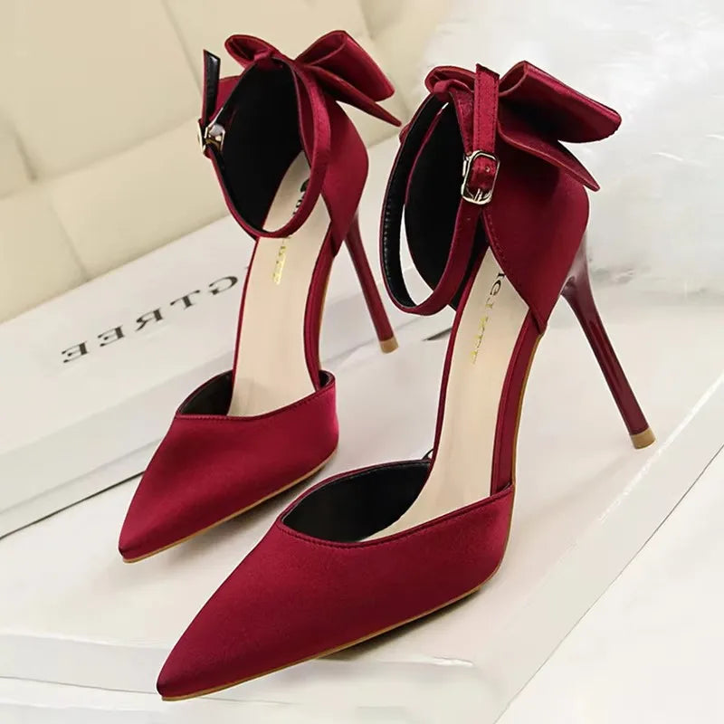 BIGTREE Shoes Bow Woman Pumps Silk High Heels Women Shoes Stiletto Red Wedding Shoes Women Heels Women Sandals 8cm and 10cm