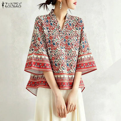 ZANZEA Woman Bohemian Floral Print Blouses V-Neck 3/4 Sleeve High Low Kimono Tops 2026 Summer Casual Loose Vacation Blusas Mujer