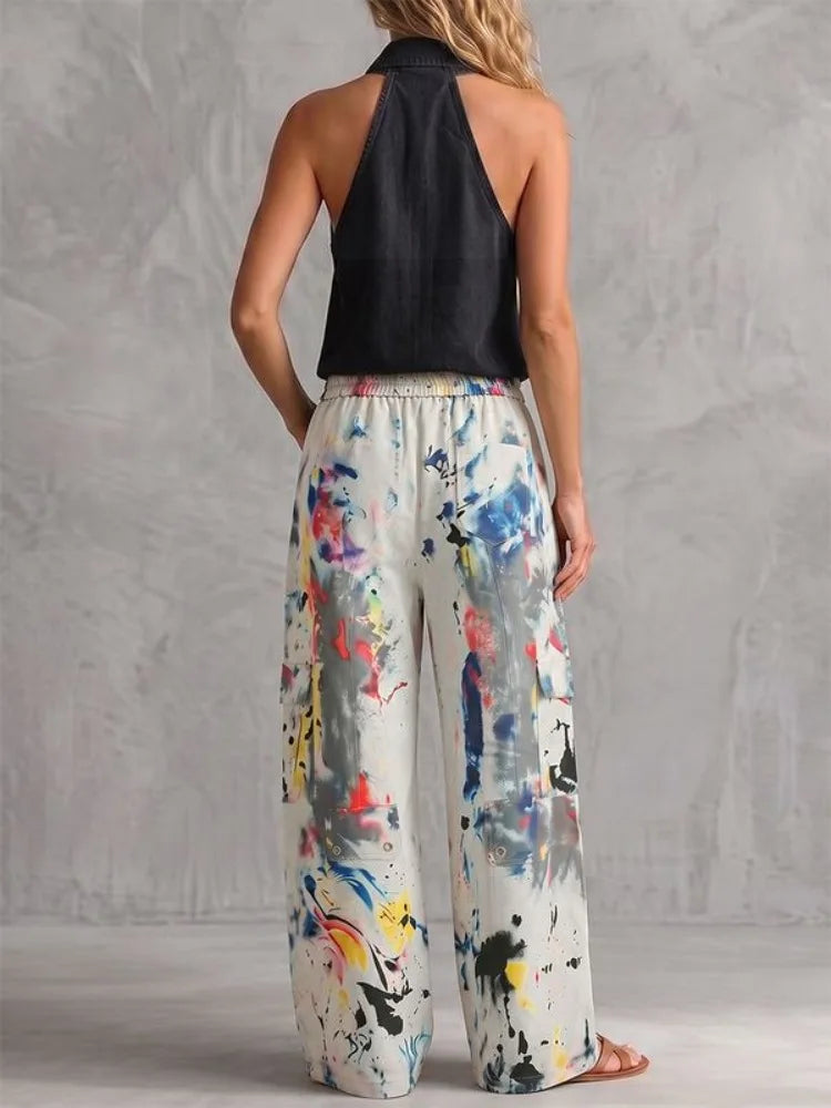 Yeezzi Women Colorful Contrast Color Printed Wide Leg Cargo Pants High Waist Multi Pockets Straight Casual Streetwear Trousers