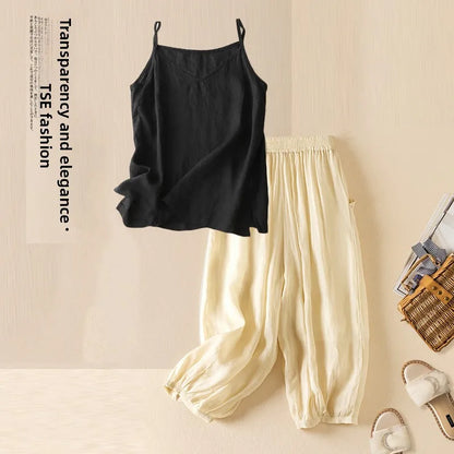 Summer Casual Cotton Linen Double Layer Lantern Pants Loose Elastic Waist Pure Color Wide Leg Harem Trousers for plus Size Women