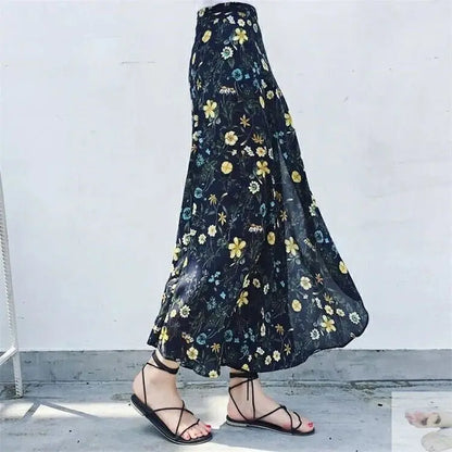 Vacation Style Wrap Skirt Beachside Long Skirt Women's High Waist A-Line Midi Skirt Floral Print One-Piece Summer Spring