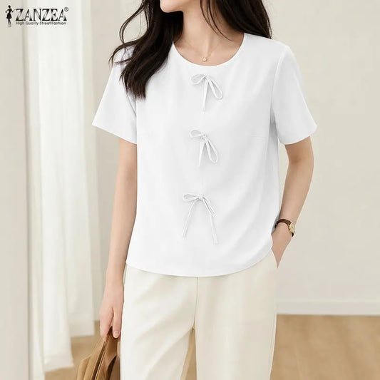 ZANZEA Summer Women Blouse Short Sleeve Bowknot Elegant Casual Work O-Neck Solid Color Tunic Tops Tee Streetwear Blusas Oversize