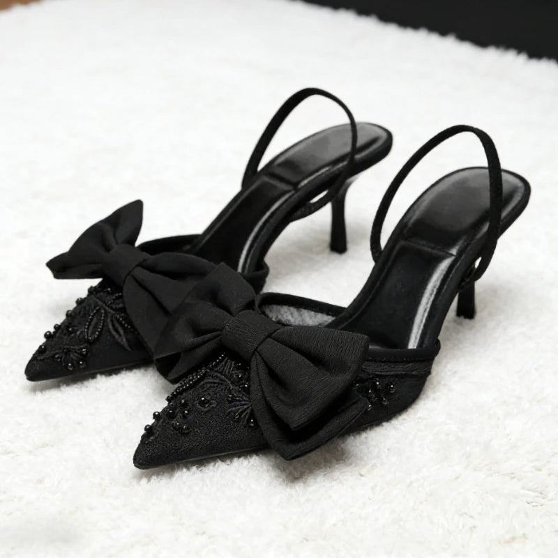 Black Mesh Beaded Decoration Heeled Sandals Women Sexy Pointed Toe Slingbacks Thin High Heels Elegant Bow Designer Women Pumps