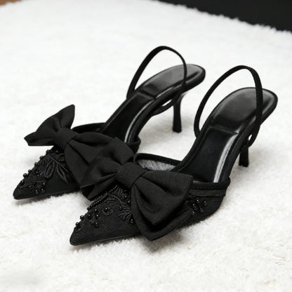 Black Mesh Beaded Decoration Heeled Sandals Women Sexy Pointed Toe Slingbacks Thin High Heels Elegant Bow Designer Women Pumps