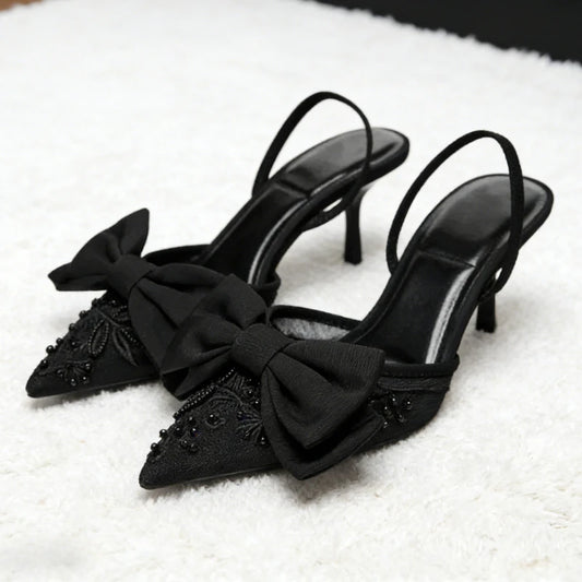 Black Mesh Beaded Decoration Heeled Sandals Women Sexy Pointed Toe Slingbacks Thin High Heels Elegant Bow Designer Women Pumps