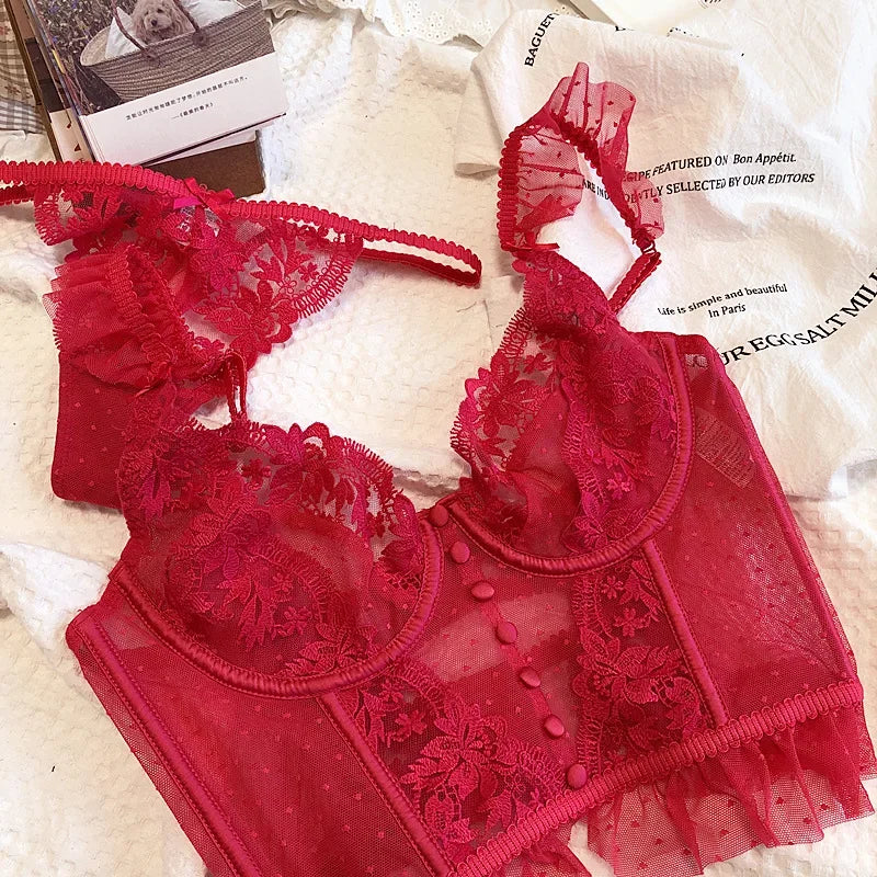 Hot Sale French Sexy Lingerie Set for Women Ultra Thin See Through Bra Panty Set Embroidery Lace Shaping Camisole Underwear Set