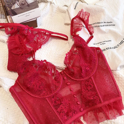 Hot Sale French Sexy Lingerie Set for Women Ultra Thin See Through Bra Panty Set Embroidery Lace Shaping Camisole Underwear Set