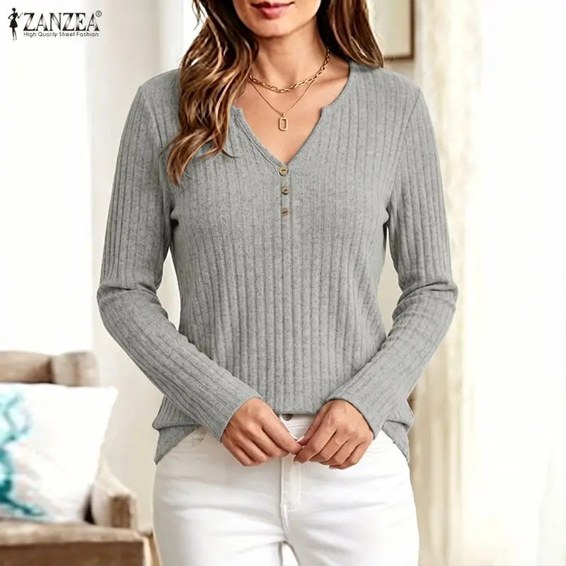 ZANZEA Women Ribbed Knit T-Shirts Casual V-Neck Long Sleeve Regular Fit Solid Color Blouses 2026 Autumn Daily Wear Pullover Tops
