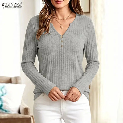 ZANZEA Women Ribbed Knit T-Shirts Casual V-Neck Long Sleeve Regular Fit Solid Color Blouses 2026 Autumn Daily Wear Pullover Tops