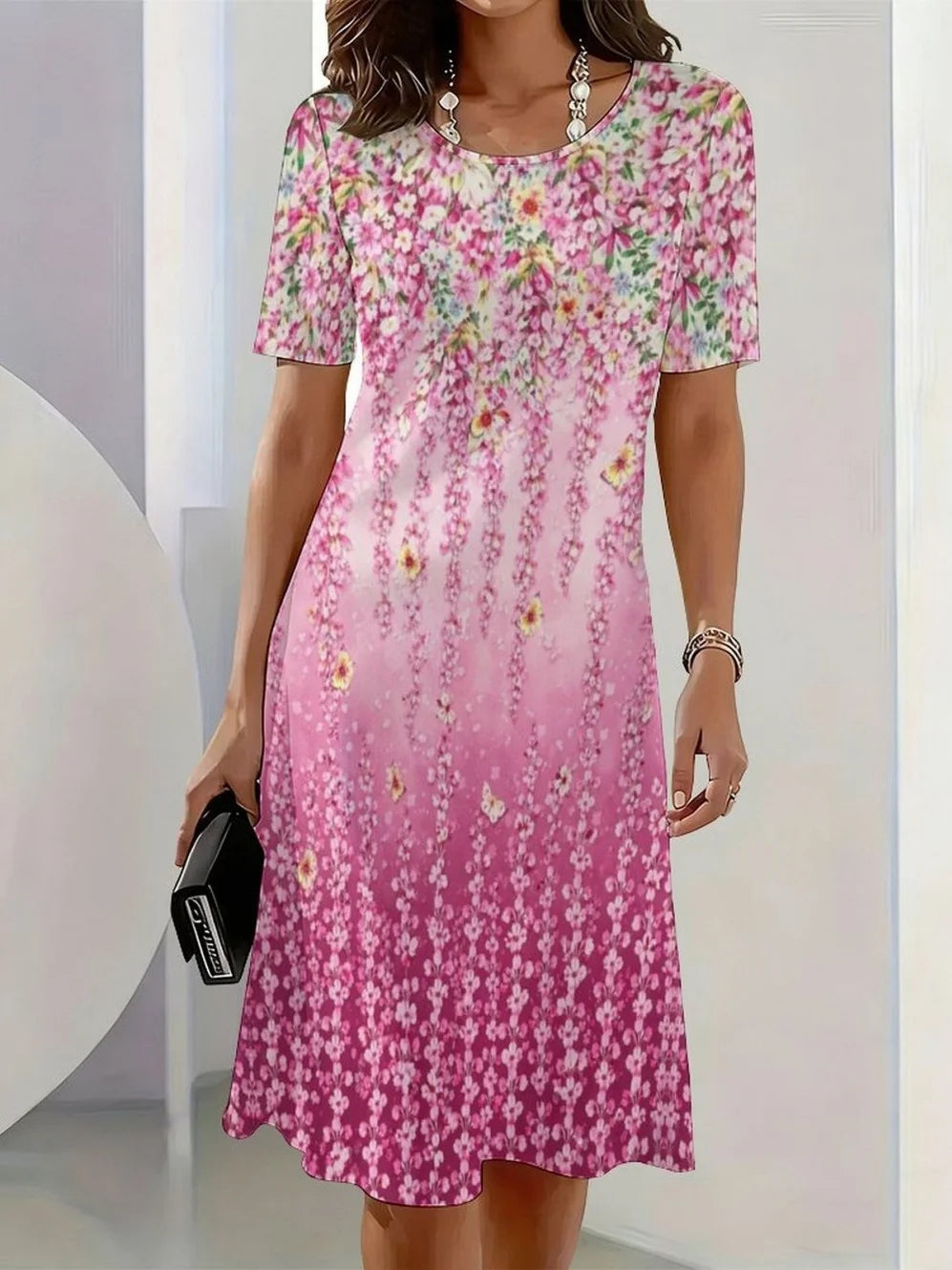 2026 New Elegant Floral Print Dresses for Women Round-Neck Short Sleeve Female Clothing Summer Travel Vacation Clothes for Woman