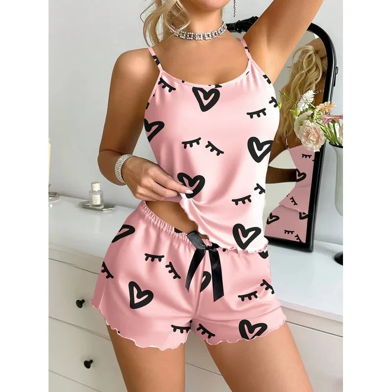 2PCS Women Pajama Set Heart Print Cami Top and Shorts Cute Satin Sleepwear Loungewear Summer Nightwear Homewear Outfit