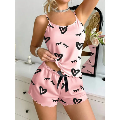 2PCS Women Pajama Set Heart Print Cami Top and Shorts Cute Satin Sleepwear Loungewear Summer Nightwear Homewear Outfit