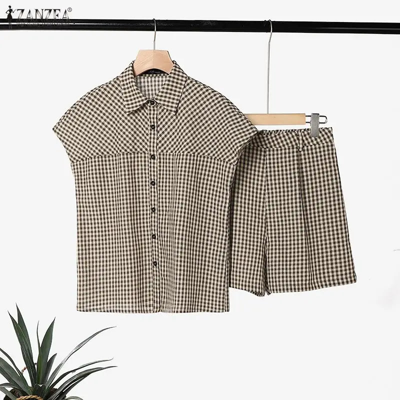 ZANZEA Women Gingham 2 Piece Matching Sets Summer Cap Sleeves Shirts & Elastic Waist Shorts 2pcs Suits Casual Short Sets Outfits