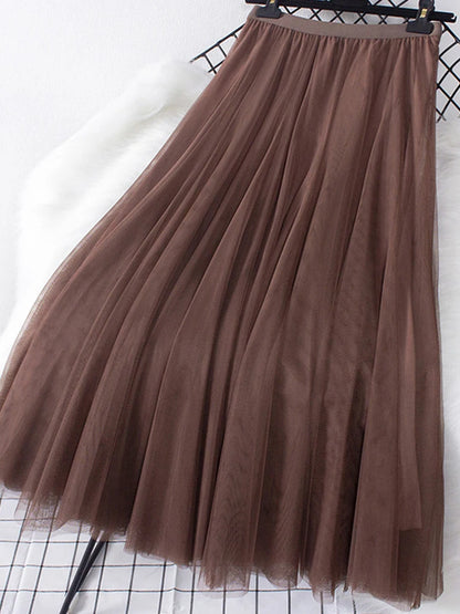 New Big Hem Long Tulle Skirt Women Korean Casual Simple Solid 3 Layers A Line High Waist Maxi Skirt Female Lady Purple
